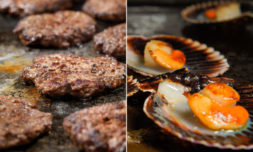 burgers and seafood cooked on a waldorf griddle